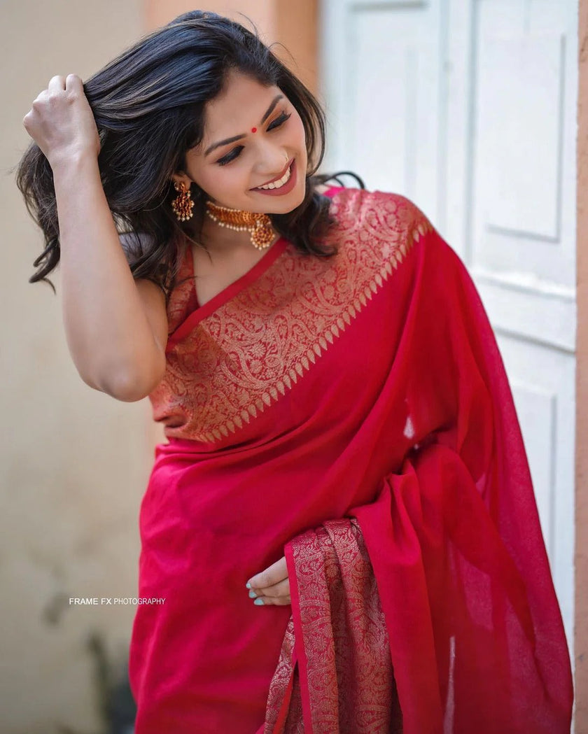 Nayira - Red Soft Silk Saree with Silver Zari Border and Matching Blouse