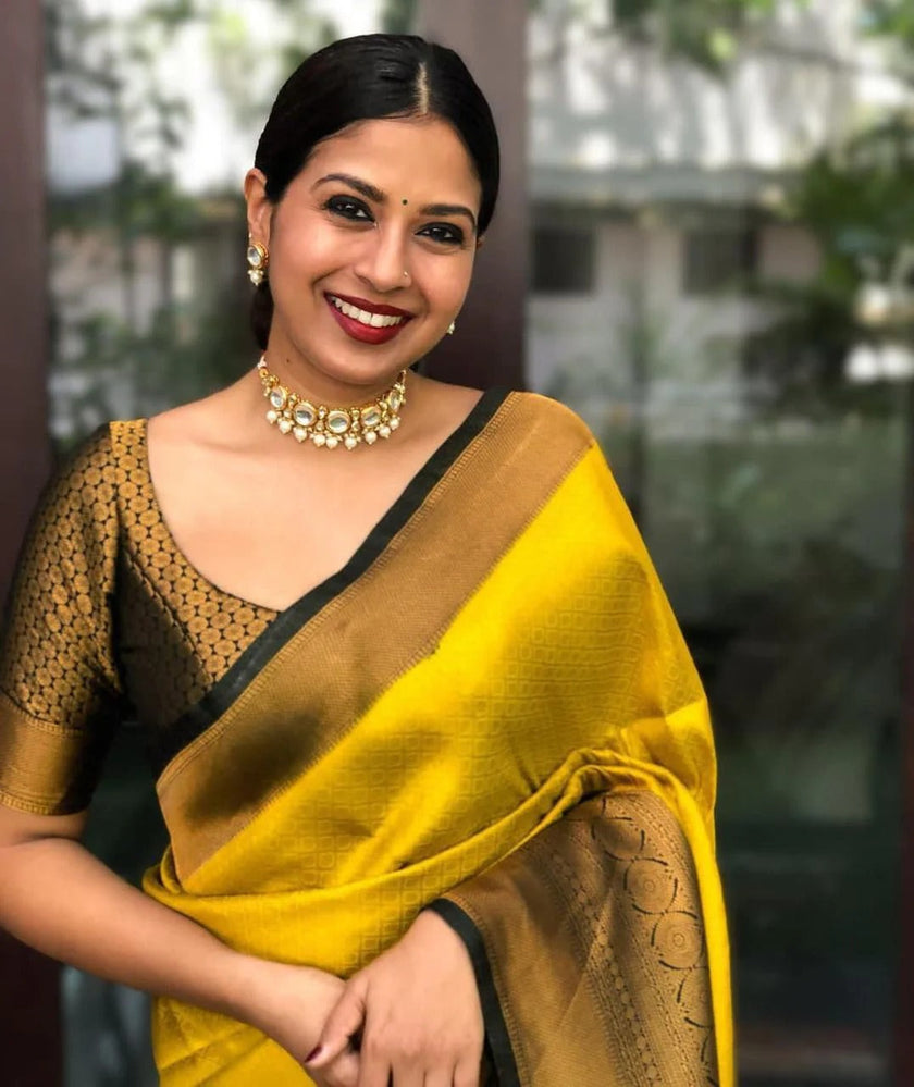 Riya - Yellow Soft Banarasi Silk Saree with Black Jacquard Blouse