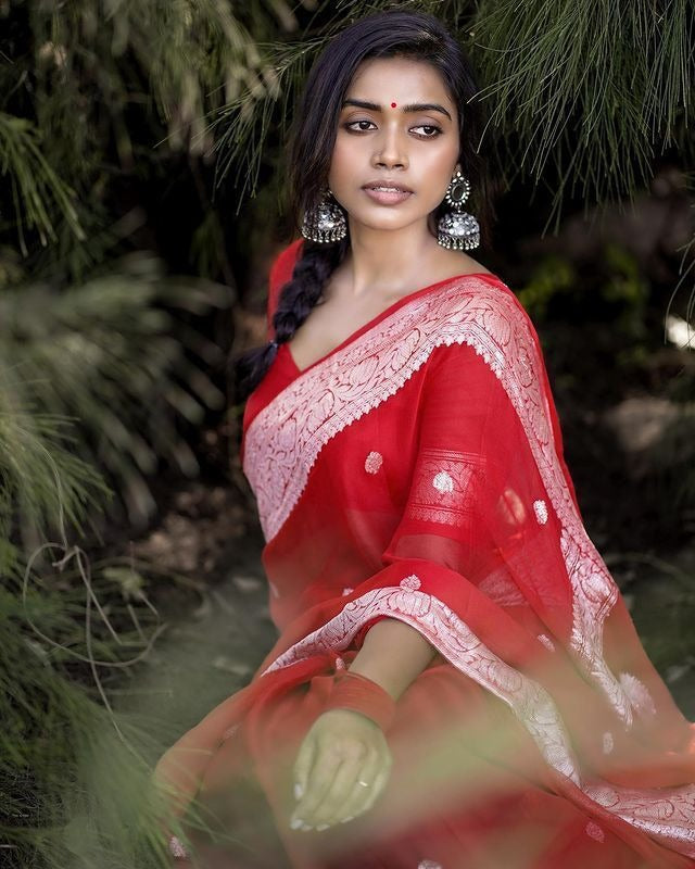 Samaira - Red Soft Silk Saree with Subtle Jacquard and Matching Blouse