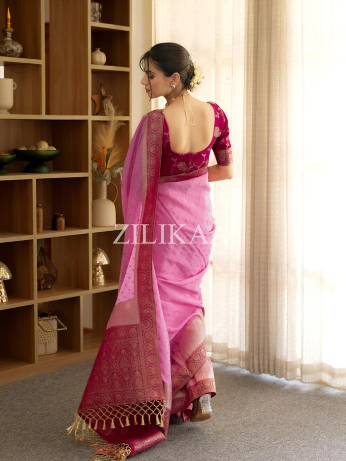 Rose Pink and Rani Pink Silk Saree with Woven Border