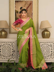 Parrot Green and Rani Pink Silk Saree with Woven Border