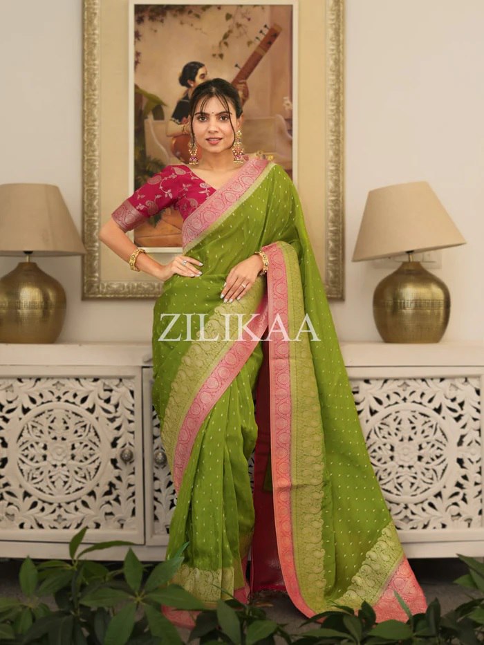 Parrot Green and Rani Pink Silk Saree with Woven Border