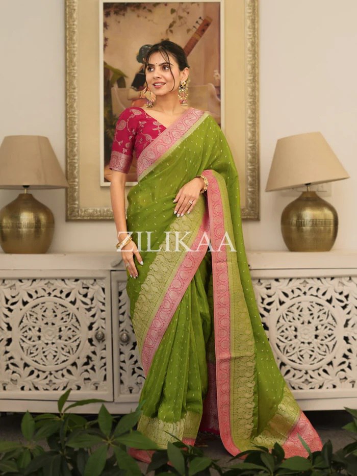 Parrot Green and Rani Pink Silk Saree with Woven Border