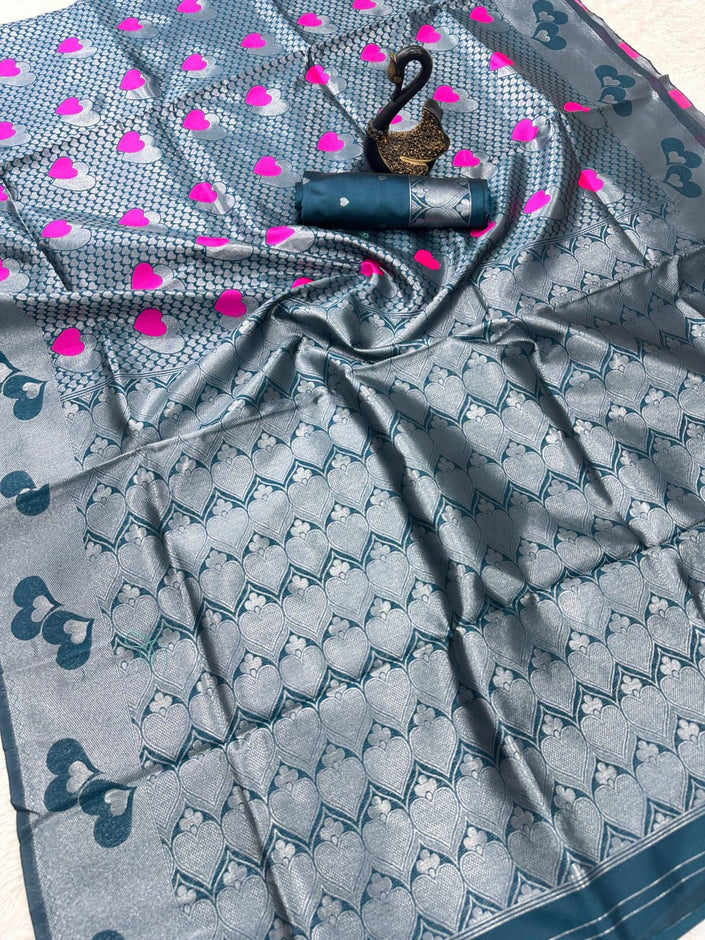 Premium Soft Silk Saree with Heart Buti Weaving – Teal Blue & Silver Zari