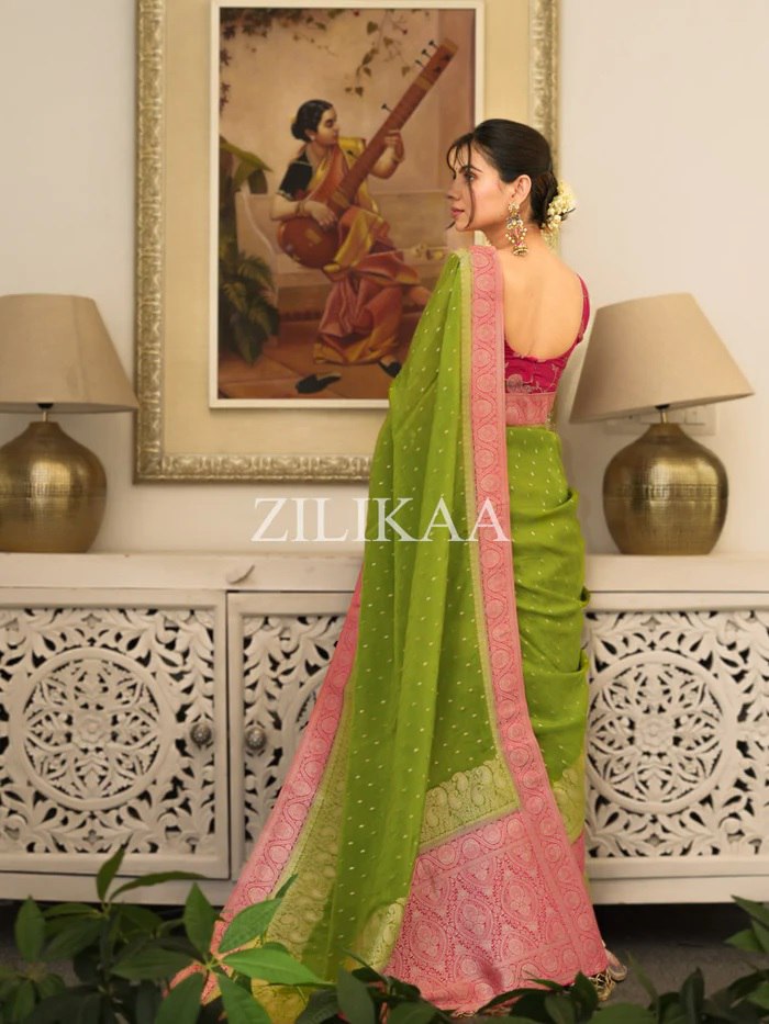 Parrot Green and Rani Pink Silk Saree with Woven Border