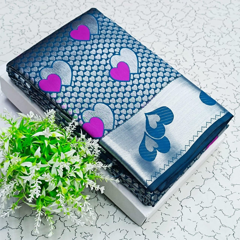 Premium Soft Silk Saree with Heart Buti Weaving – Teal Blue & Silver Zari
