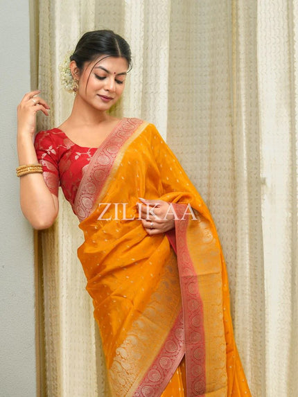 Mustard Yellow and Brick Red Silk Saree with Woven Border