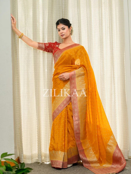 Mustard Yellow and Brick Red Silk Saree with Woven Border