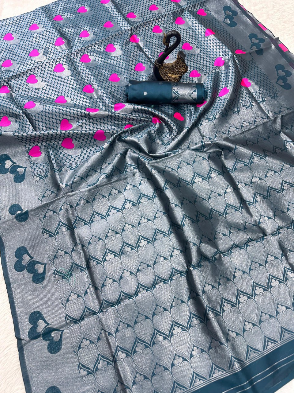 Premium Soft Silk Saree with Heart Buti Weaving – Teal Blue & Silver Zari