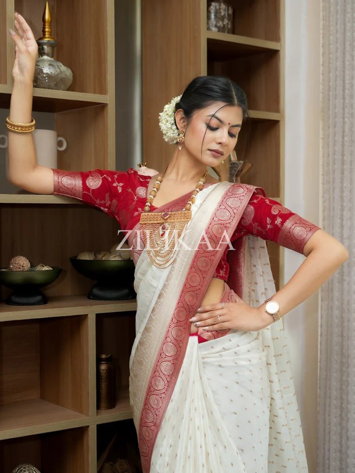 Off White and Red Silk Saree with Woven Border