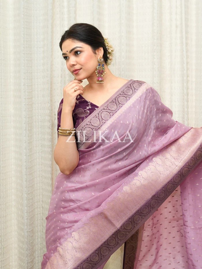Lilac Mauve and Wine Purple Silk Saree with Woven Border