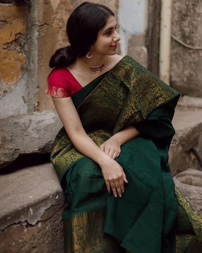 The Silk Beautiful Dark Green & Golden Jacquard Work Silk Designer Sarees