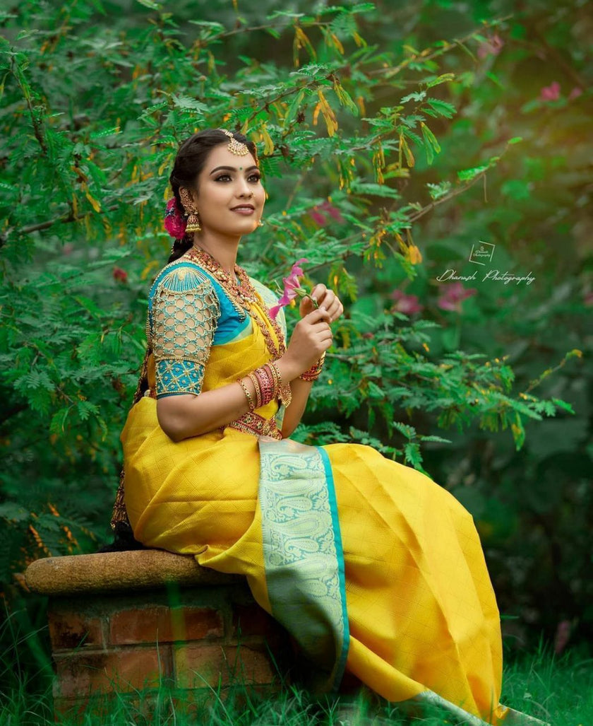 Yellow Color With Golden Zari Designer Lchi Silk Saree For Weaving