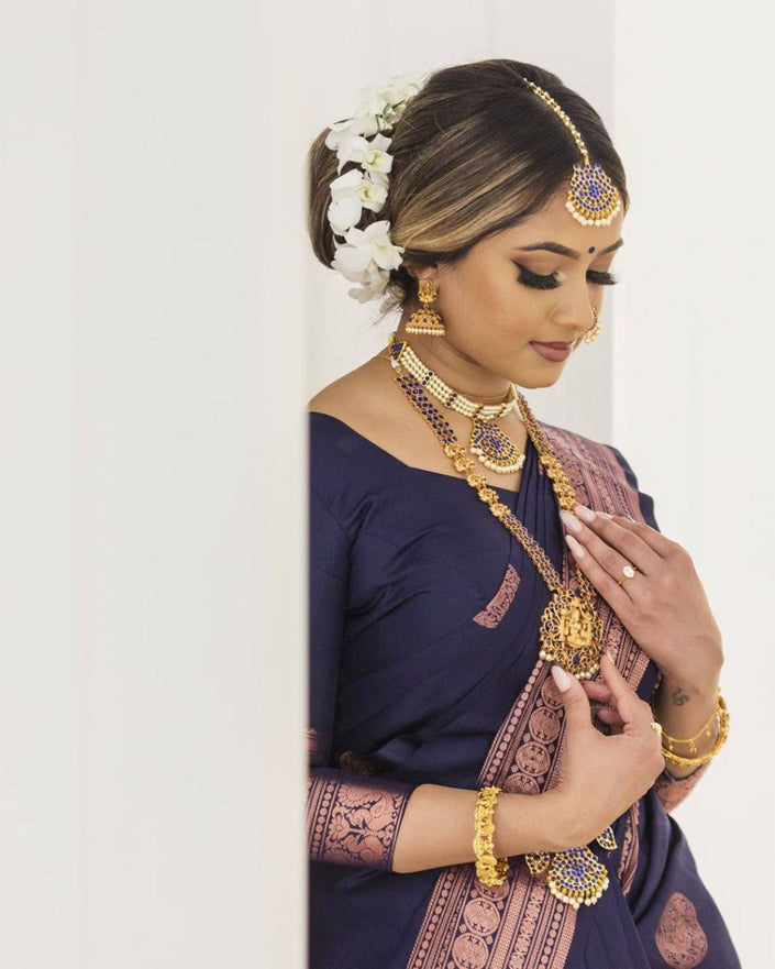 Dark Blue Party Wear With Lichi Silk saree