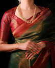 Beautiful Green And Red With Gold Weaving Work Banarasi Lichi Silk .