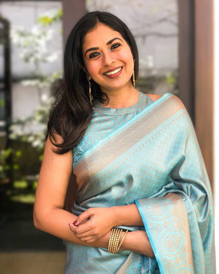Maya Light Teal Blue Copper Zari Weaving Designer Lichi Silk Saree