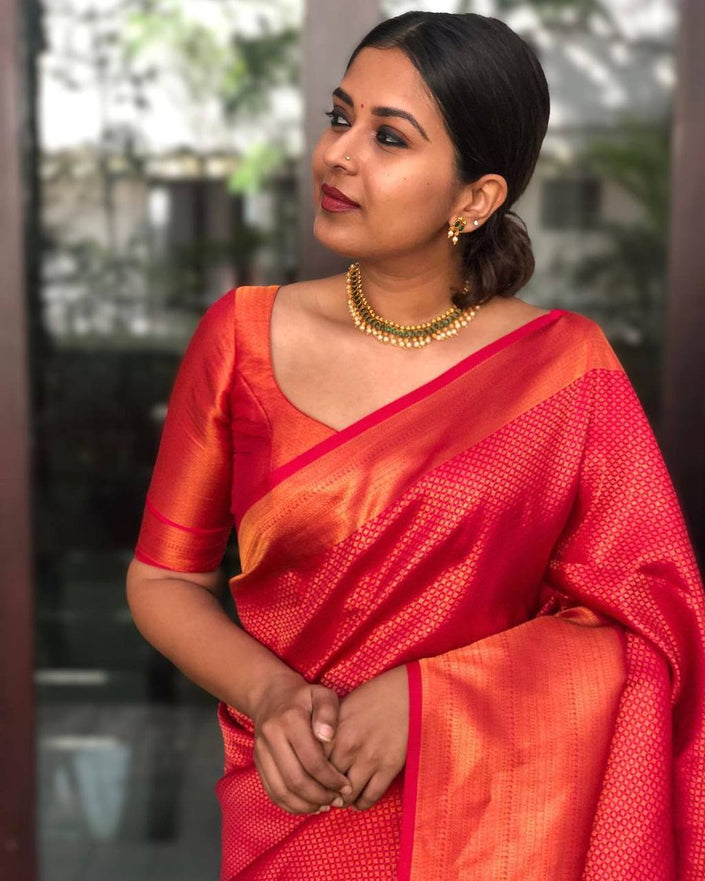 Rose Red Traditional Lichi Silk Saree With Weaving Work