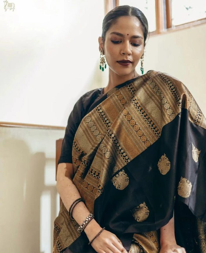 Black Banarasi Soft Silk Saree With Zari Weaving Work