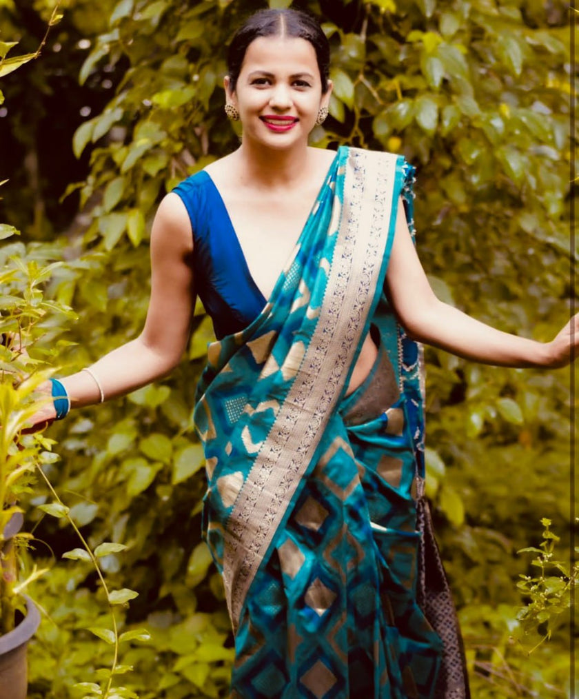 Aqua Blue luxurious Banarasi Weaves soft Silk Saree