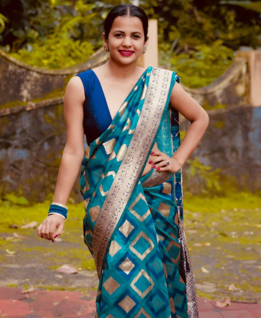 Aqua Blue luxurious Banarasi Weaves soft Silk Saree