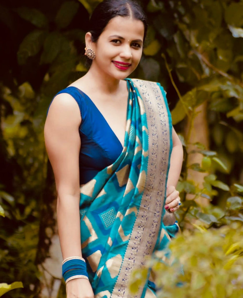 Aqua Blue luxurious Banarasi Weaves soft Silk Saree