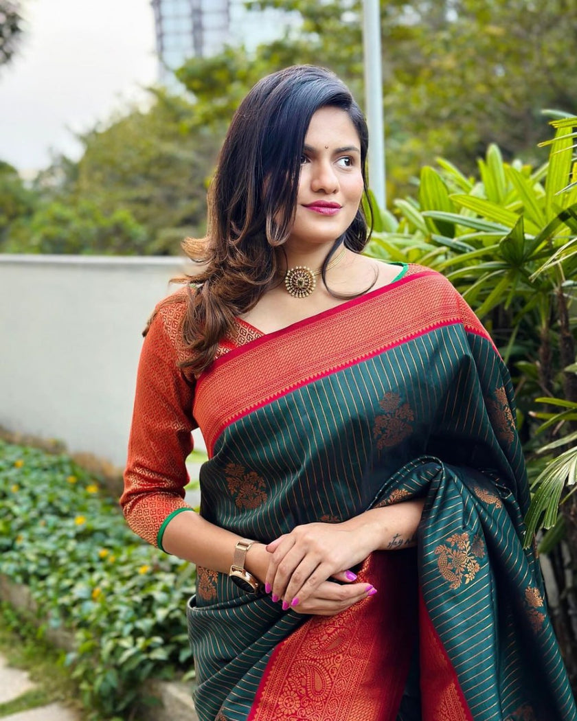 Blissful Dark Green Soft Silk Saree