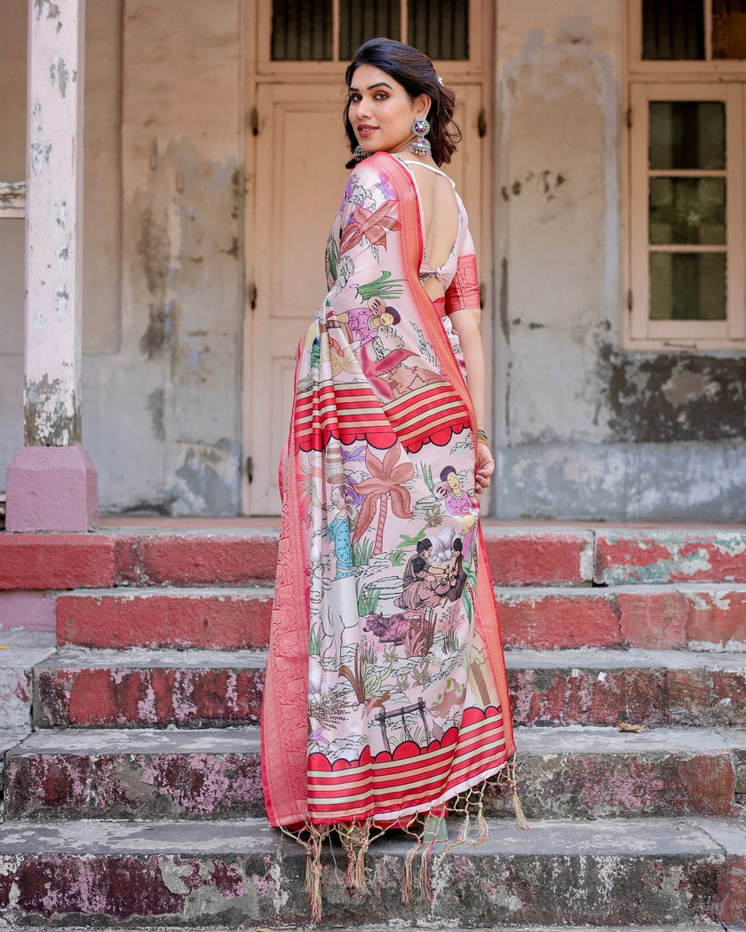 Peach Floral Printed Cotton Silk Saree
