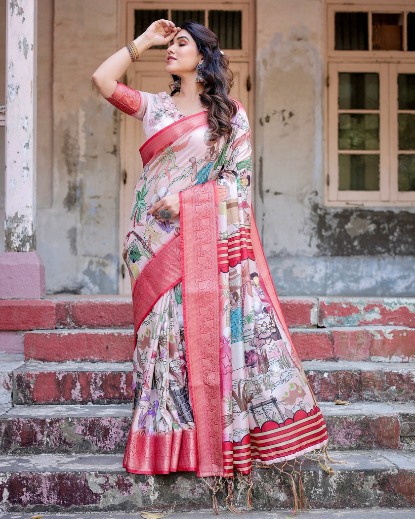 Peach Floral Printed Cotton Silk Saree