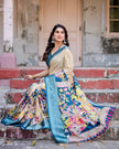 White With Sky Blue Floral Printed Cotton Silk Saree