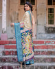 White With Sky Blue Floral Printed Cotton Silk Saree