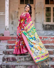 Dark Pink Floral Printed Cotton Silk Saree