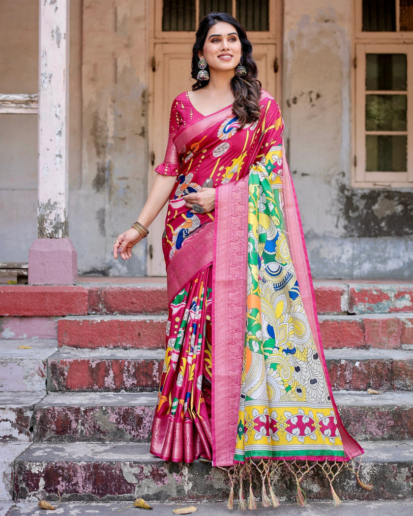 Dark Pink Floral Printed Cotton Silk Saree