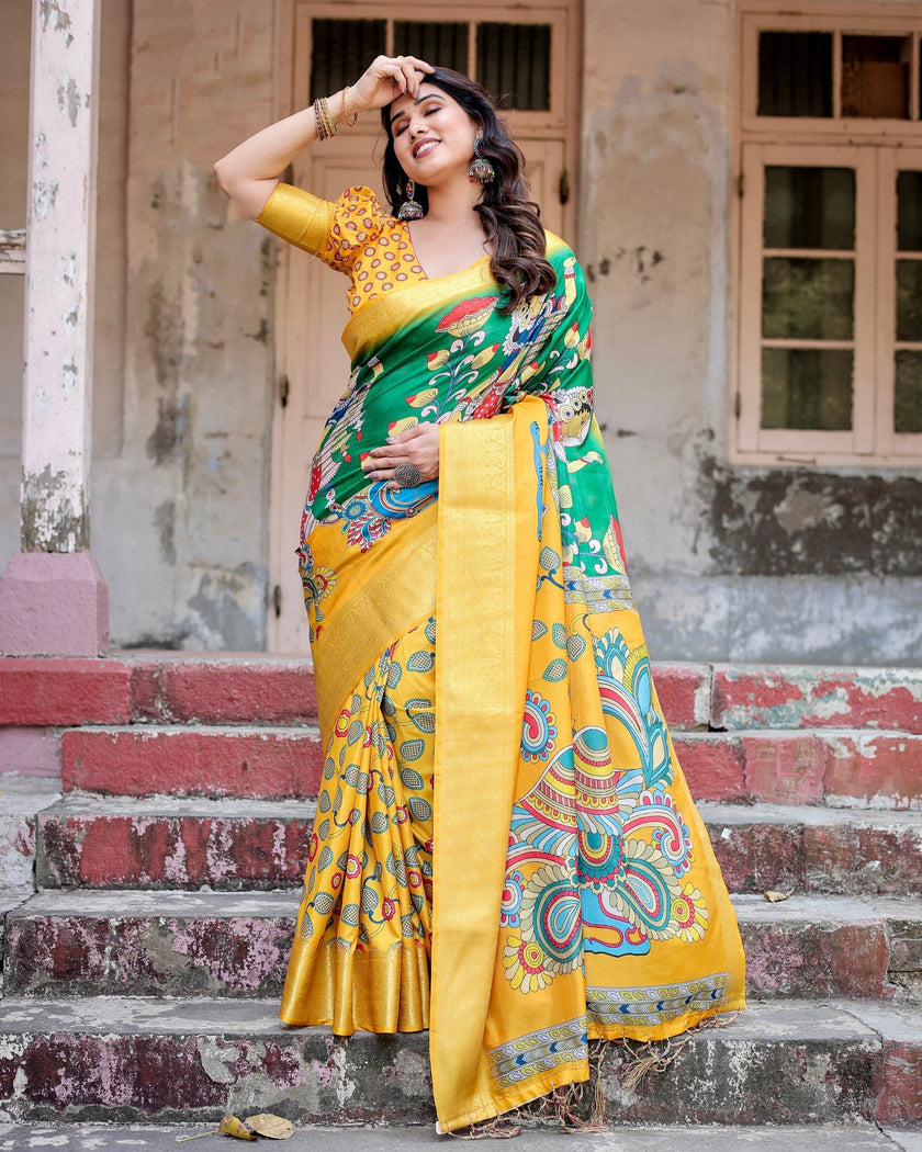 Green With Yellow Floral Printed Cotton Silk Saree