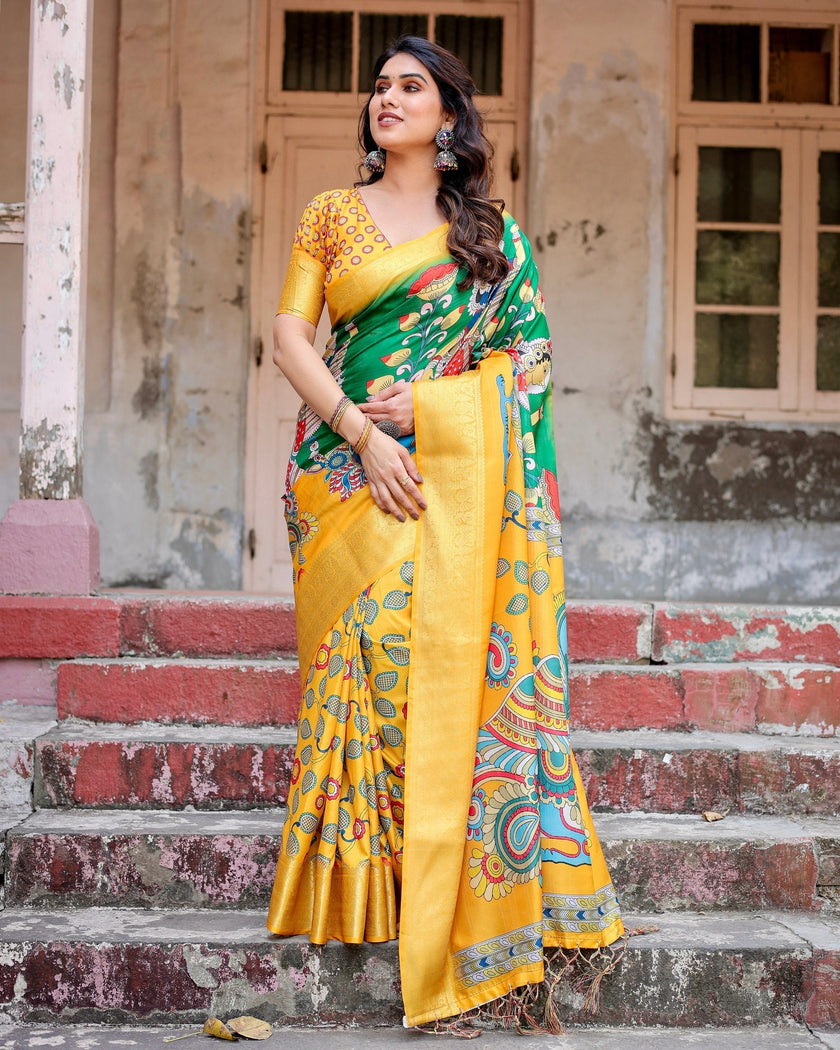 Green With Yellow Floral Printed Cotton Silk Saree
