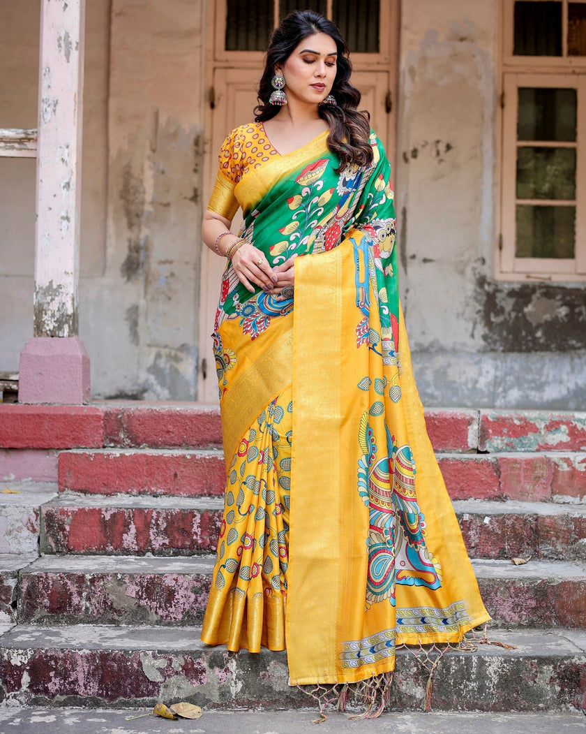 Green With Yellow Floral Printed Cotton Silk Saree