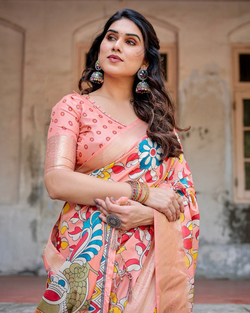 Orange Floral Printed Cotton Silk Saree