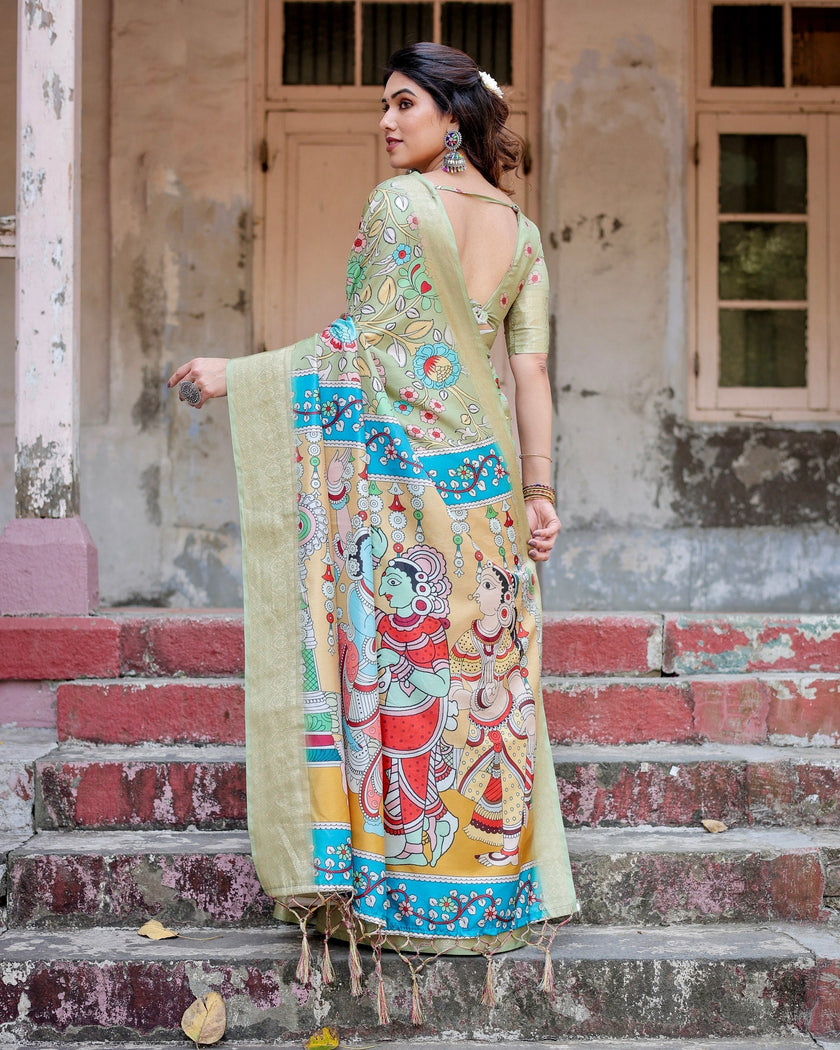 Light Green Floral Printed Cotton Silk Saree