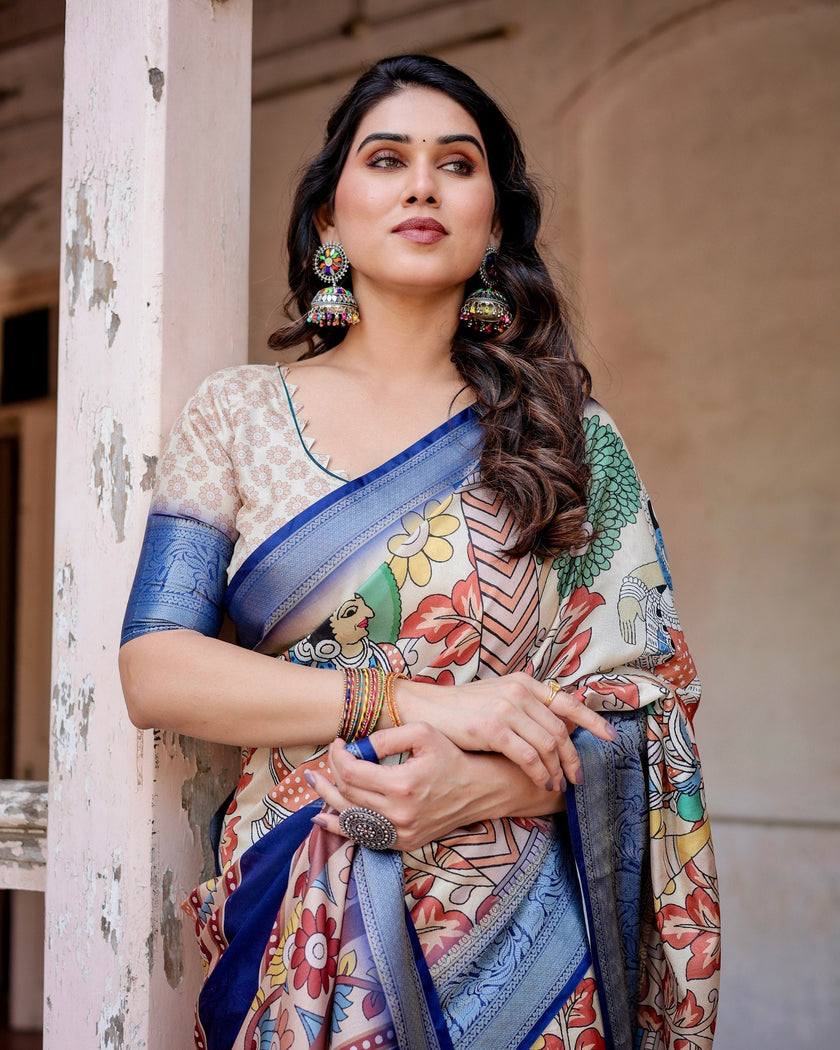 Cream With Blue  Floral Printed Cotton Silk Saree