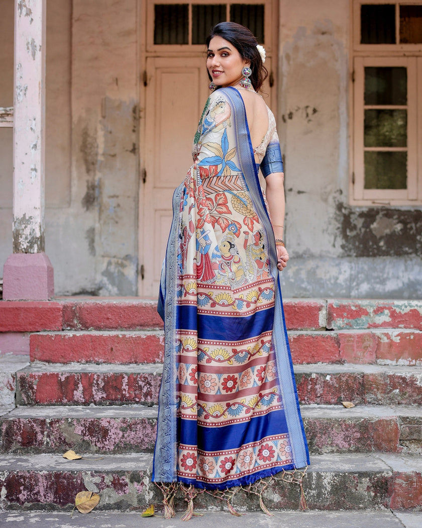 Cream With Blue  Floral Printed Cotton Silk Saree