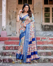 Cream With Blue  Floral Printed Cotton Silk Saree