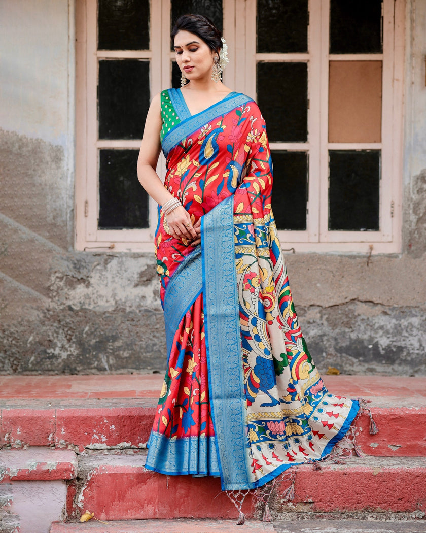 Red With Sky Blue Floral Printed Cotton Silk Saree