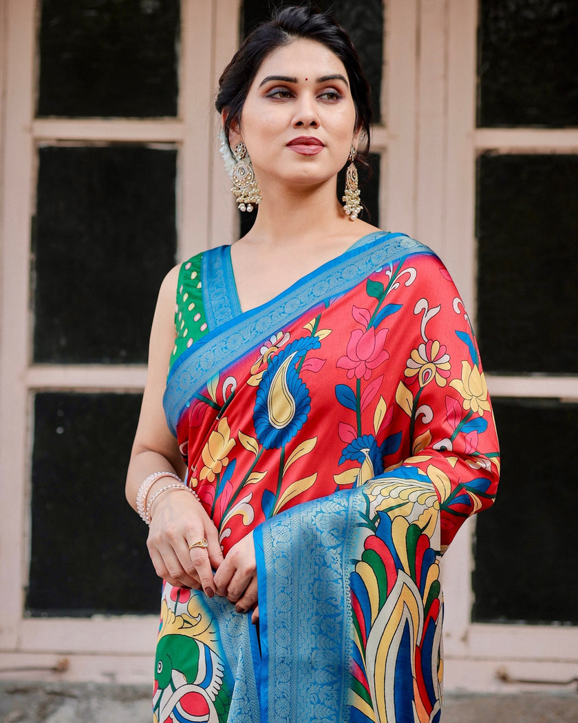 Red With Sky Blue Floral Printed Cotton Silk Saree