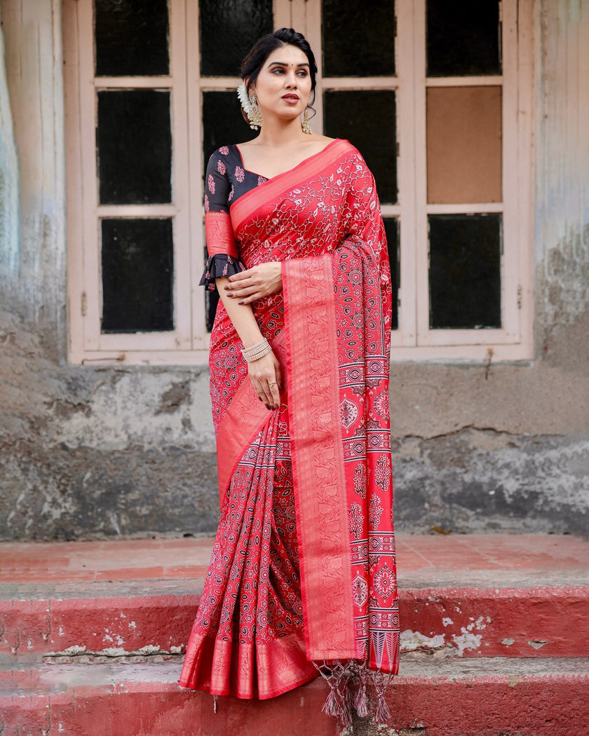 Red Floral Printed Cotton Silk Saree