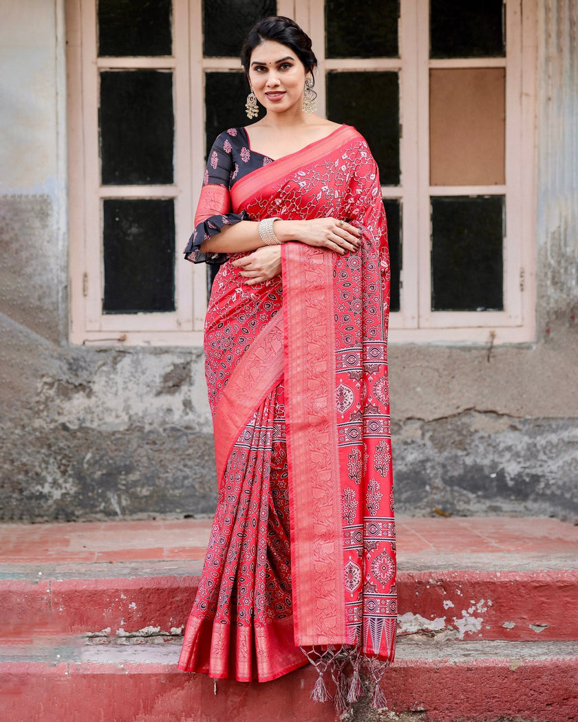 Red Floral Printed Cotton Silk Saree