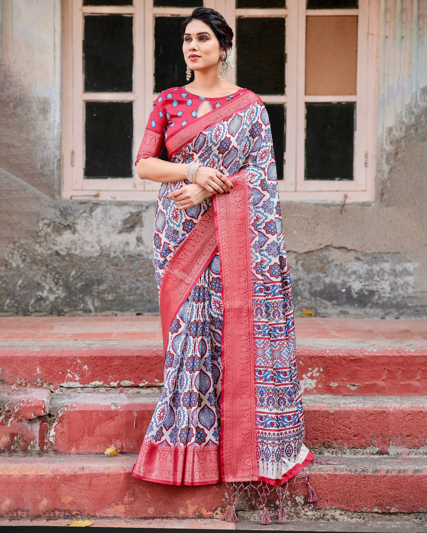 Grey Floral Printed Cotton Silk Saree