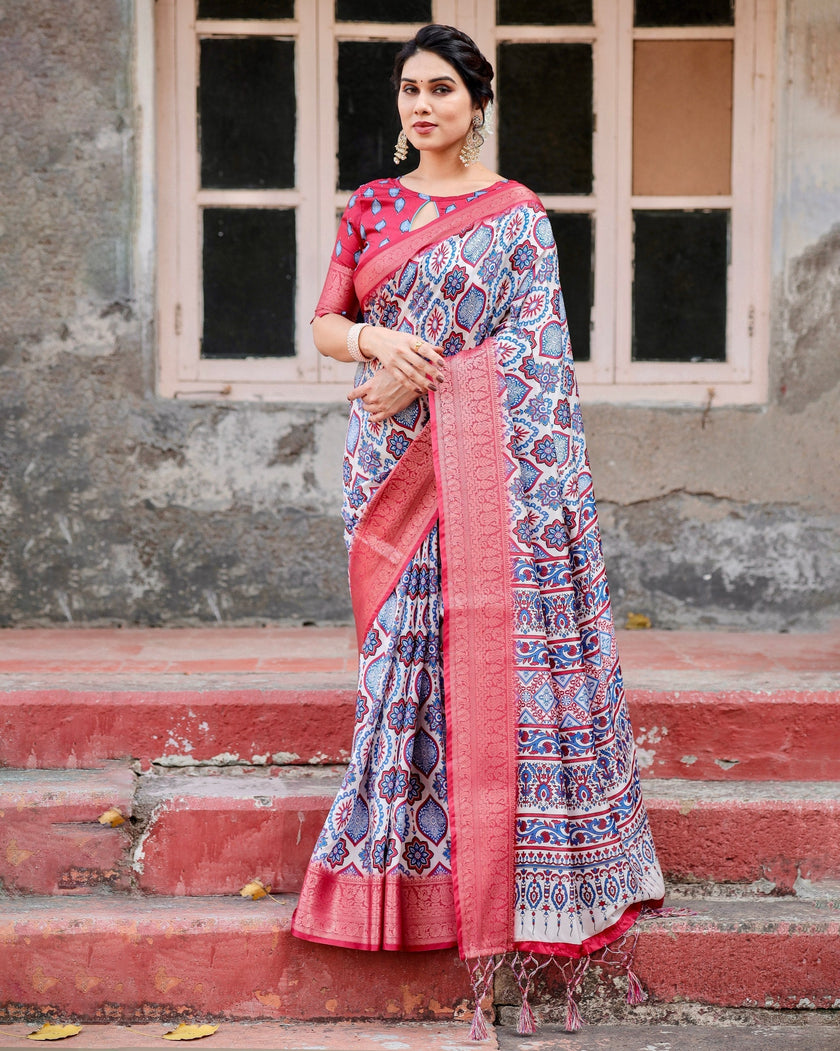 Grey Floral Printed Cotton Silk Saree