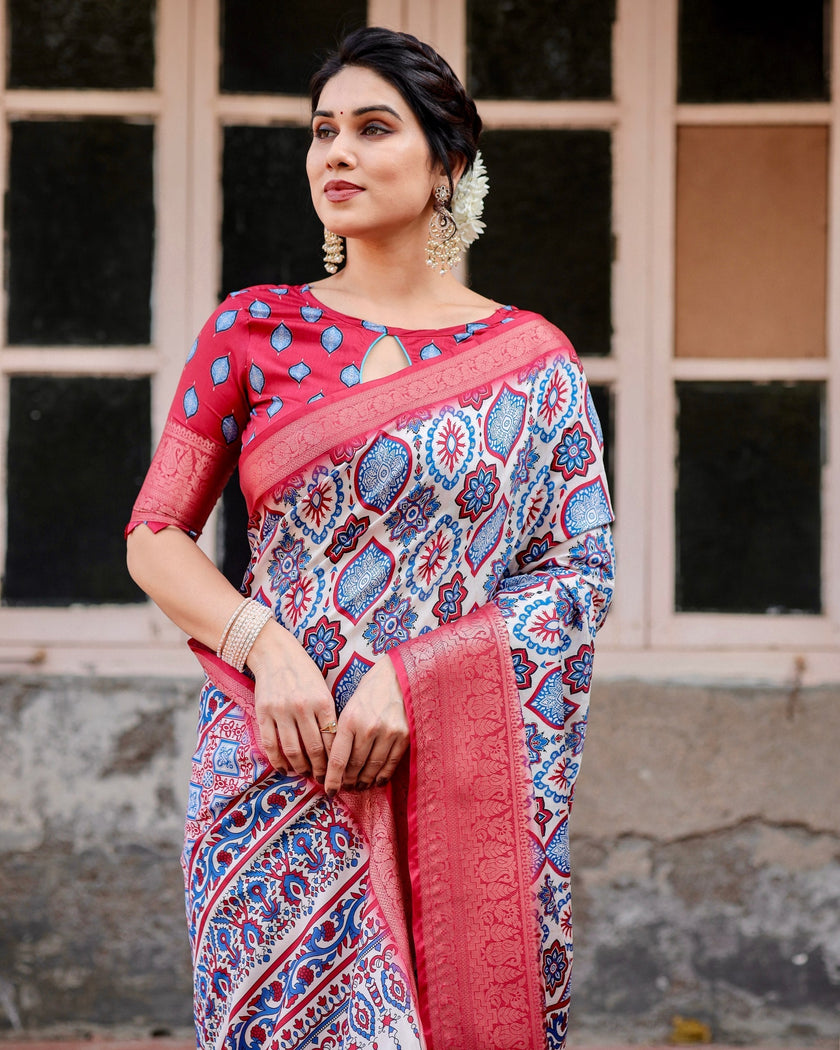 Grey Floral Printed Cotton Silk Saree