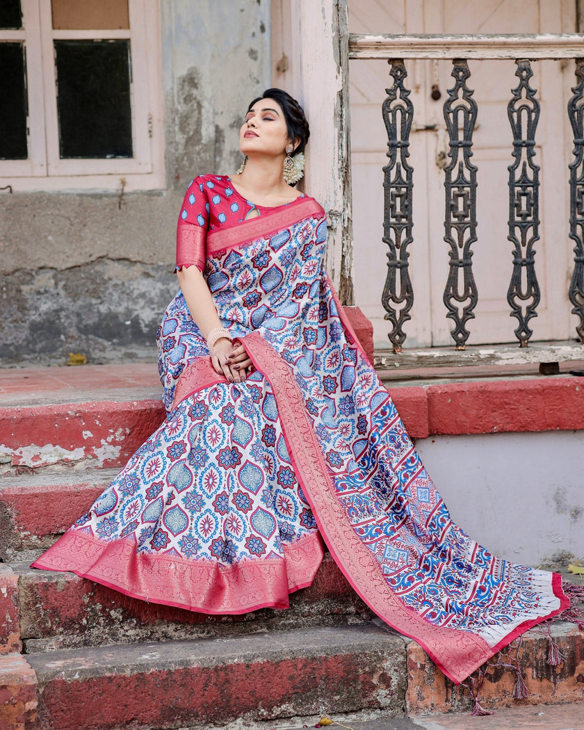 Grey Floral Printed Cotton Silk Saree