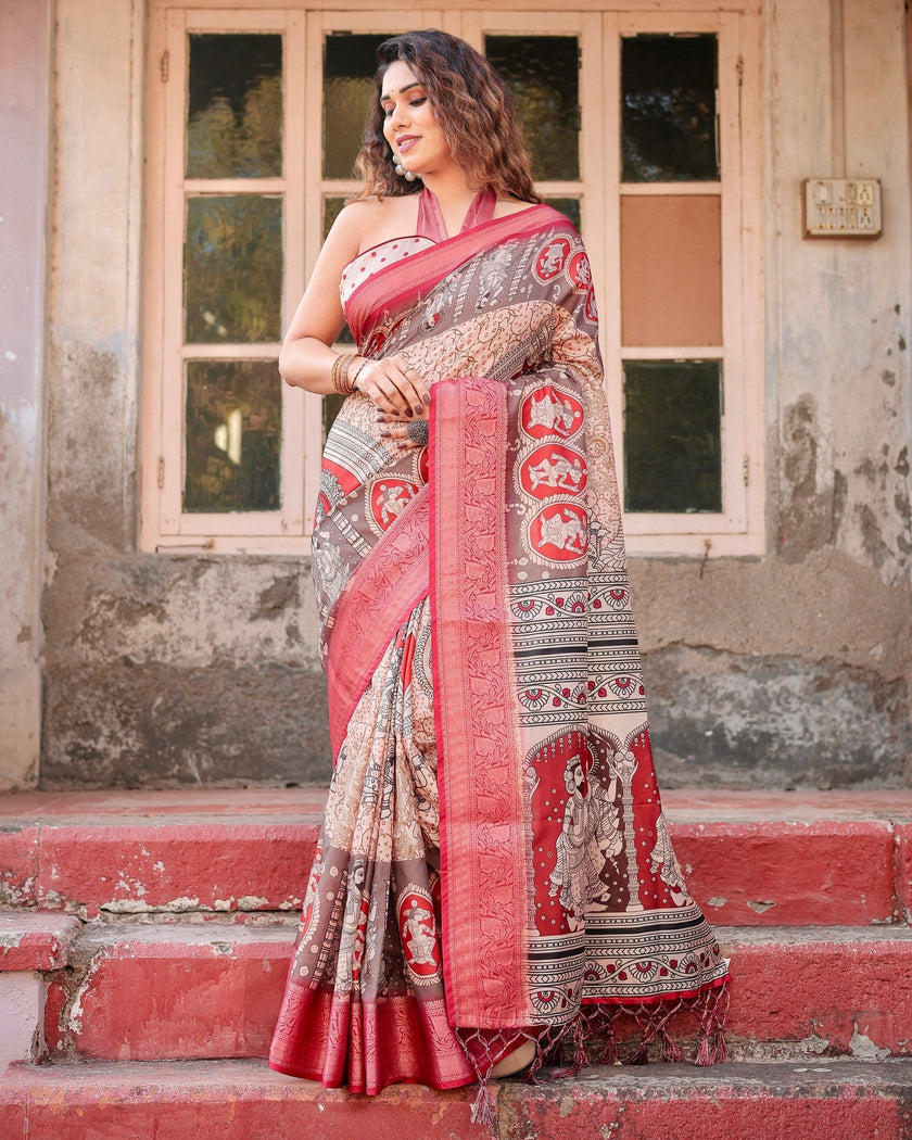 Peach & pink Floral Printed Cotton Silk Saree