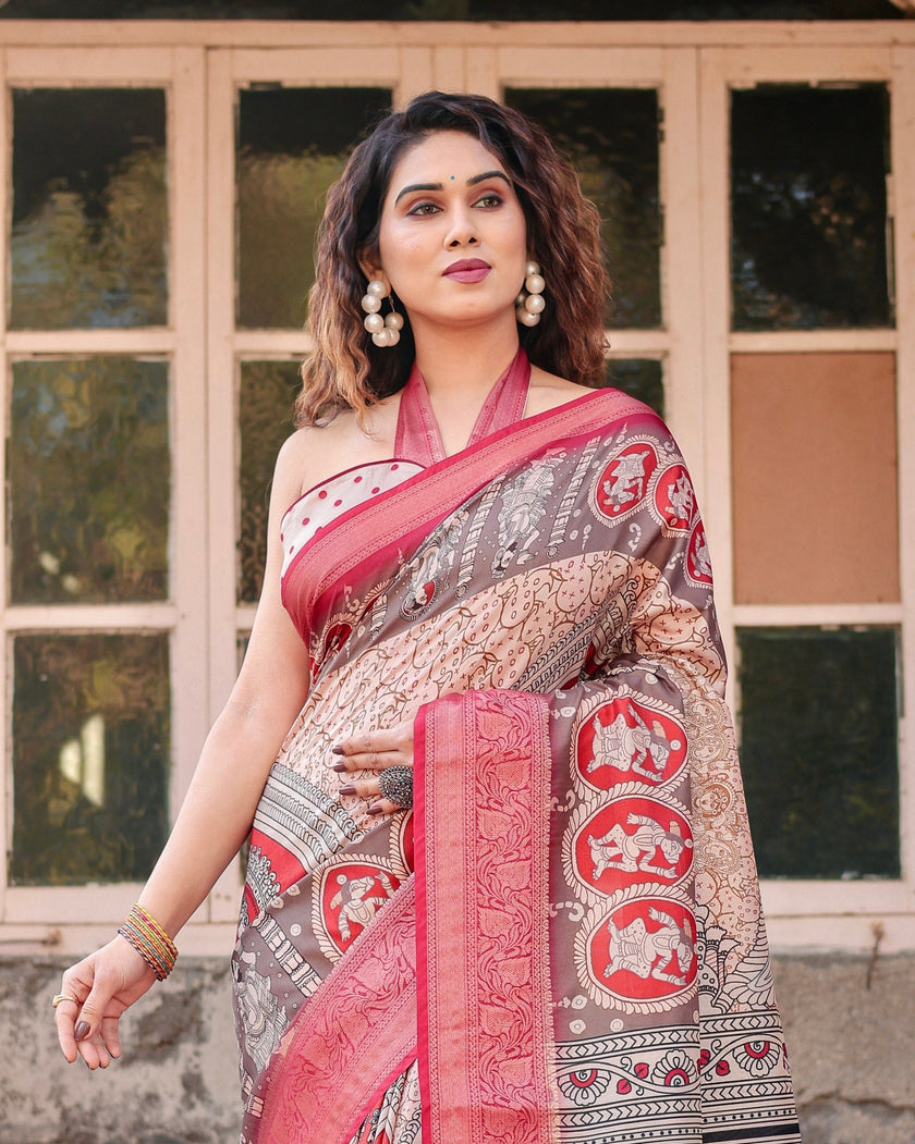 Peach & pink Floral Printed Cotton Silk Saree
